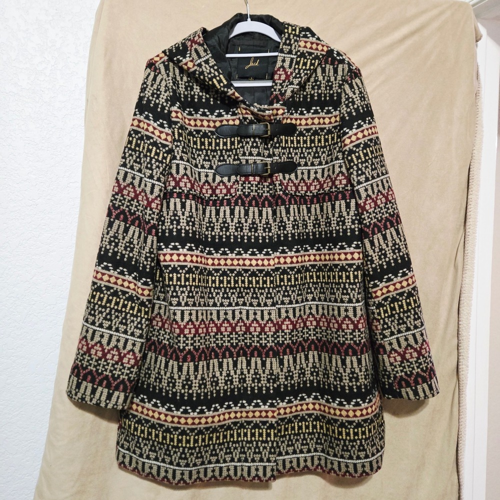 Anthropologie Jack Women's L Geometric Pattern Duffle Coat Toggle Closure Hooded